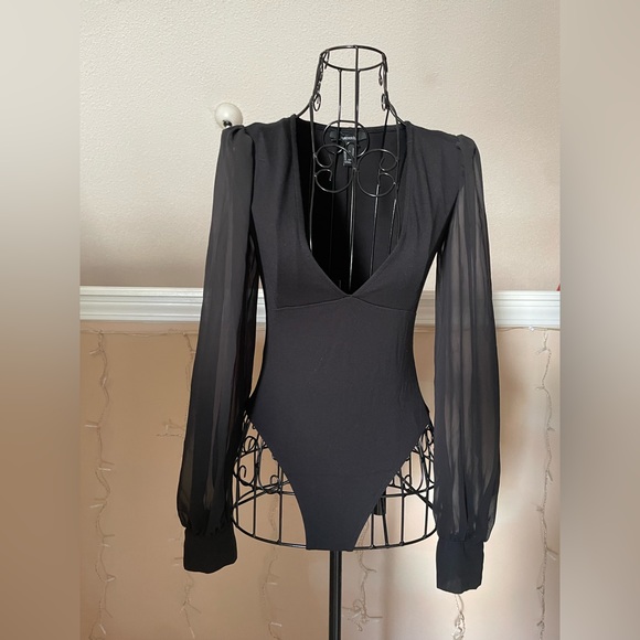 Black V Neck Bodysuit Sheer Sleeves - Picture 1 of 2